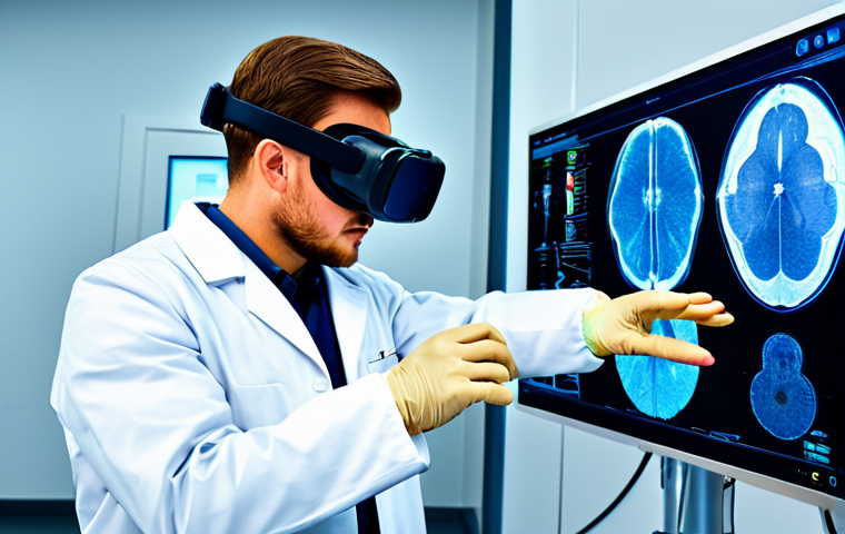 A focused professional medical student, fully clothed in a modest lab coat, meticulously performing a simulated surgery in a high-tech virtual reality training room. The student is wearing advanced haptic gloves and a subtle thermoception device, giving tactile feedback of tissue resistance and temperature changes. The background features glowing holographic displays showing anatomical data. The scene emphasizes precise movements and concentration. perfect anatomy, correct proportions, natural pose, well-formed hands, proper finger count, natural body proportions, professional dress, appropriate attire, safe for work, appropriate content, family-friendly, high quality, realistic rendering.