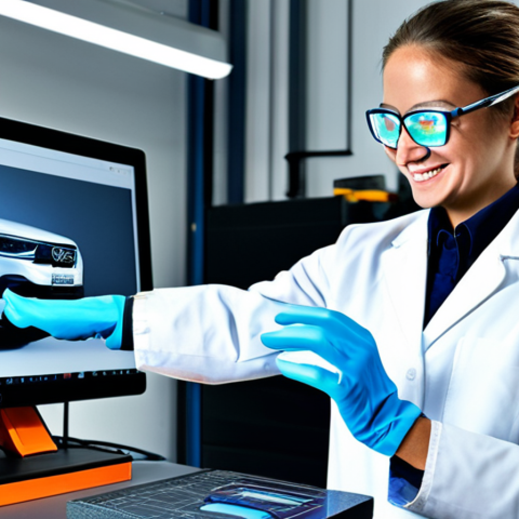 Haptic Glove Application**
"A female engineer in a bright, modern workshop, wearing haptic gloves and manipulating a 3D model of a car part on a holographic display. She is focused and smiling slightly, wearing safety glasses and a clean lab coat, fully clothed, appropriate attire, safe for work, perfect anatomy, natural proportions, professional photography, high resolution, family-friendly, showcasing the innovative use of haptic technology in design."
**