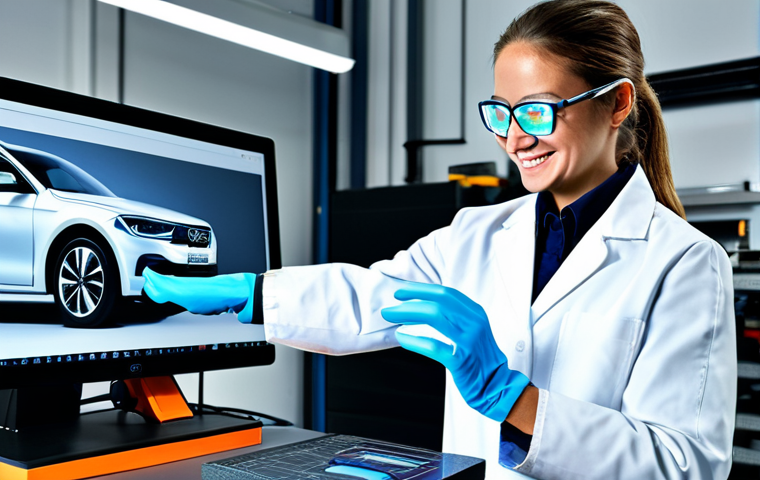 Haptic Glove Application**
"A female engineer in a bright, modern workshop, wearing haptic gloves and manipulating a 3D model of a car part on a holographic display. She is focused and smiling slightly, wearing safety glasses and a clean lab coat, fully clothed, appropriate attire, safe for work, perfect anatomy, natural proportions, professional photography, high resolution, family-friendly, showcasing the innovative use of haptic technology in design."
**