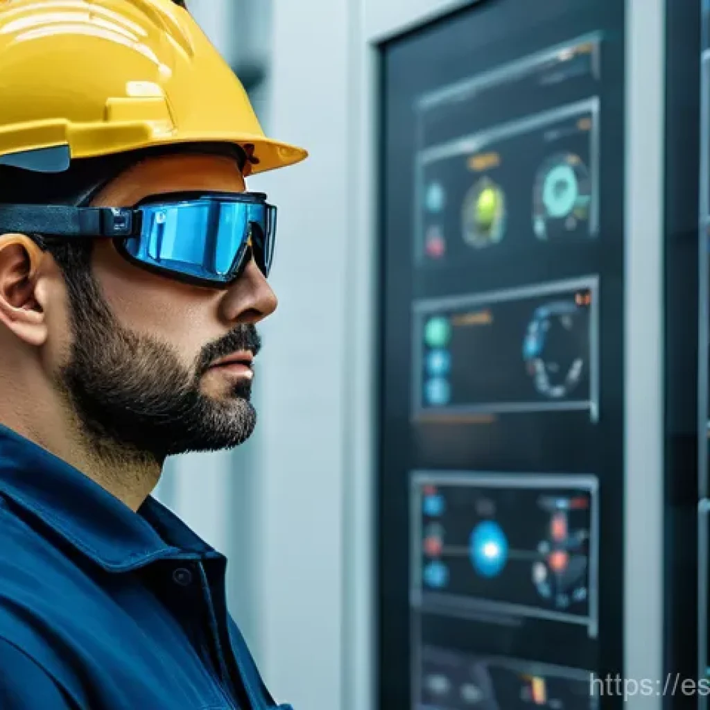 감각확장 기술의 산업별 적용 현황 - **Industrial Engineer with AR Glasses in a Modern Andalusian Cement Plant:** A male engineer, approx...