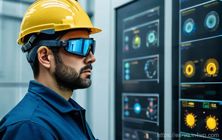 감각확장 기술의 산업별 적용 현황 - **Industrial Engineer with AR Glasses in a Modern Andalusian Cement Plant:** A male engineer, approx...