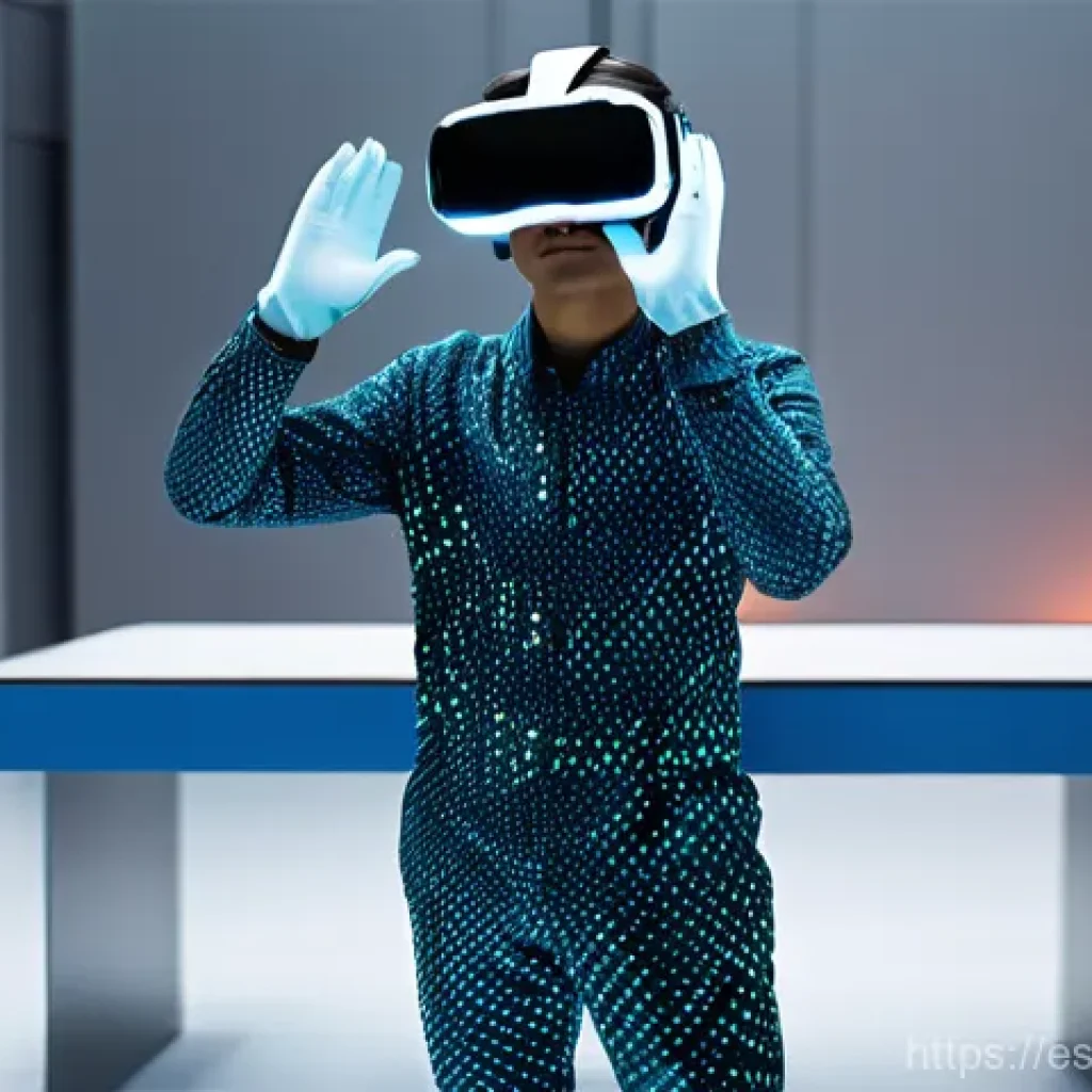 VR 기술과 감각확장 기술의 융합 사례 - **Prompt 1: Haptic Exploration in a Virtual World**
    "A young adult, wearing a sleek, futuristic ...
