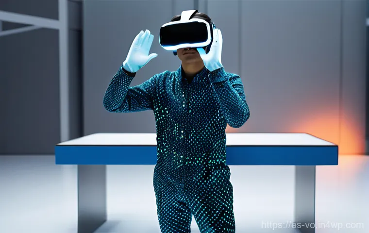 VR 기술과 감각확장 기술의 융합 사례 - **Prompt 1: Haptic Exploration in a Virtual World**
"A young adult, wearing a sleek, futuristic ...