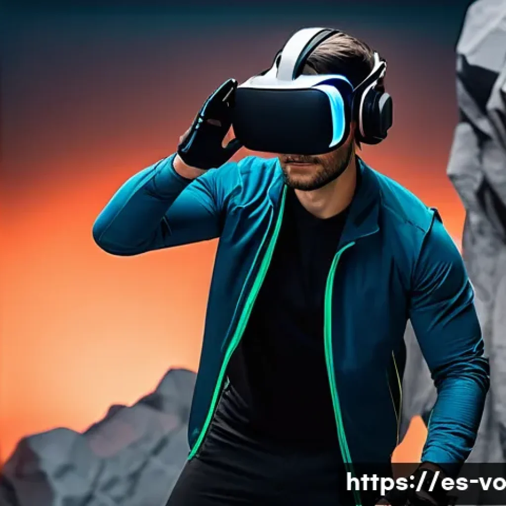 VR을 이용한 감각확장 기술의 실험 사례 - A detailed scene of a person wearing advanced haptic gloves and a lightweight VR suit, climbing a vi...