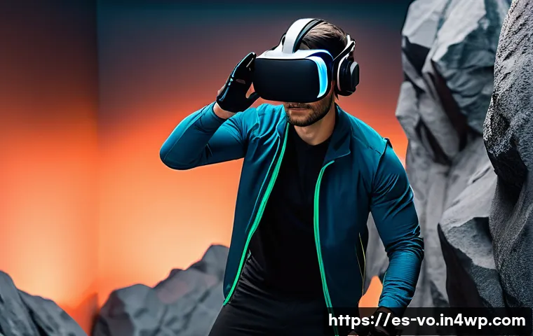 VR을 이용한 감각확장 기술의 실험 사례 - A detailed scene of a person wearing advanced haptic gloves and a lightweight VR suit, climbing a vi...