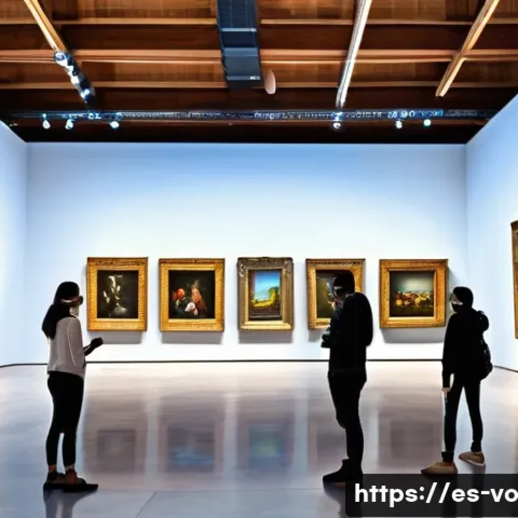 예술 분야에서의 감각확장 기술 사례 - A modern art museum in Spain showcasing an interactive augmented reality exhibition, visitors using ...