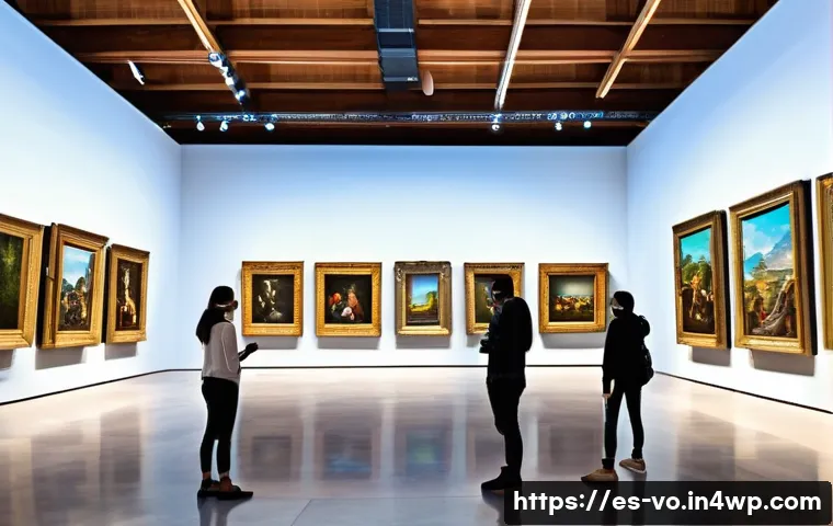 예술 분야에서의 감각확장 기술 사례 - A modern art museum in Spain showcasing an interactive augmented reality exhibition, visitors using ...