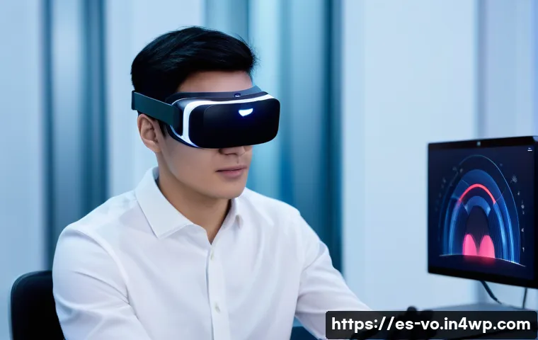 감각확장 기술의 사용자 피드백 반영 사례 - A futuristic virtual reality setup showcasing a user wearing a sleek augmented reality headset and h...