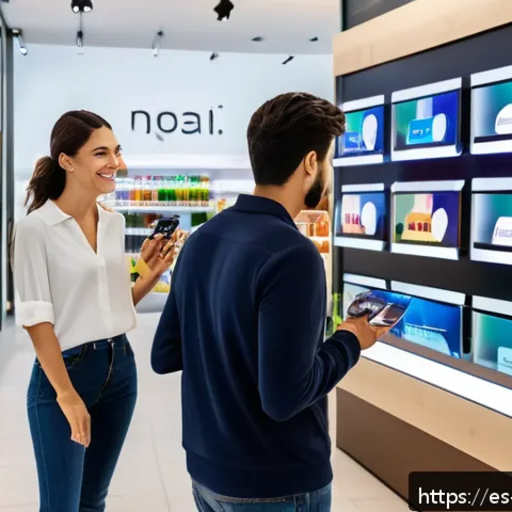 감각확장 기술의 경제적 영향 분석 - A modern retail store interior bustling with diverse Spanish-speaking customers engaging with advanc...