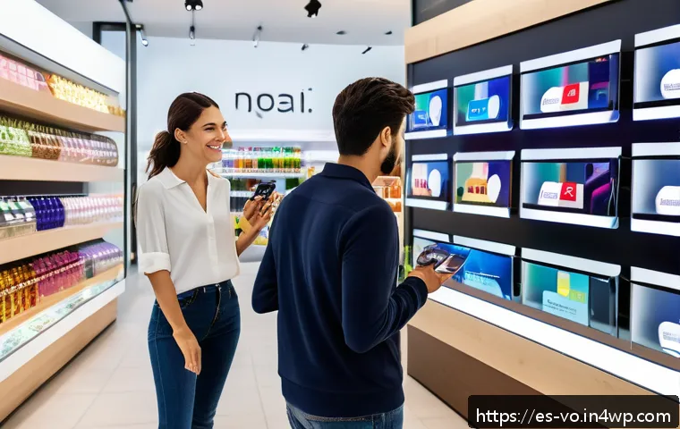 감각확장 기술의 경제적 영향 분석 - A modern retail store interior bustling with diverse Spanish-speaking customers engaging with advanc...