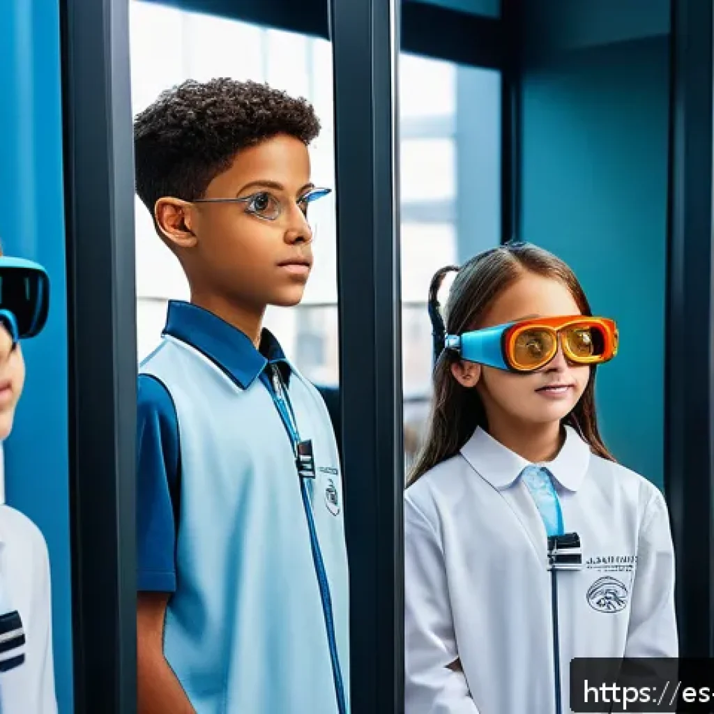 감각확장 기술의 글로벌 트렌드 분석 - A futuristic classroom scene in a vibrant Spanish city, where diverse students wearing smart AR glas...