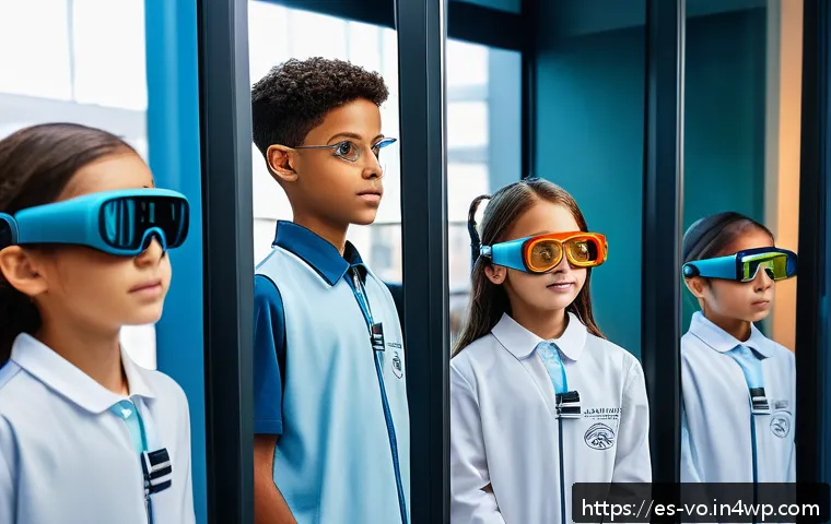 감각확장 기술의 글로벌 트렌드 분석 - A futuristic classroom scene in a vibrant Spanish city, where diverse students wearing smart AR glas...