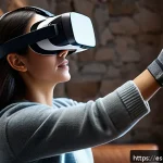 Home 18 가상 투어에서의 감각확장 기술 응용 - A futuristic virtual reality tour scene showing a middle-aged Hispanic woman wearing sleek haptic gl...