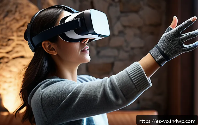 가상 투어에서의 감각확장 기술 응용 - A futuristic virtual reality tour scene showing a middle-aged Hispanic woman wearing sleek haptic gl...