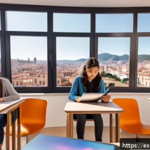 Home 17 감각확장 기술을 통한 사용자 경험 개선 사례 - A futuristic classroom scene in Spain where diverse students engage with augmented reality 3D intera...