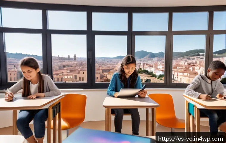 감각확장 기술을 통한 사용자 경험 개선 사례 - A futuristic classroom scene in Spain where diverse students engage with augmented reality 3D intera...