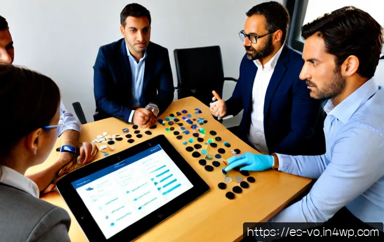 감각확장 기술의 시장 조사 결과 - Photorealistic market research meeting in a modern Madrid office, Spanish business analysts reviewin...