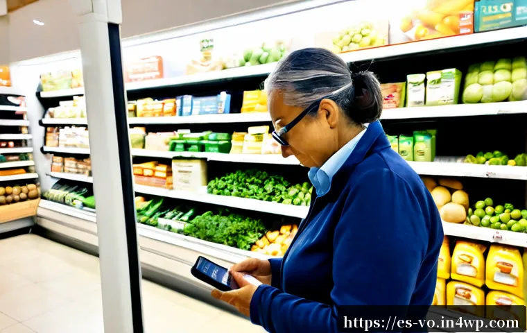 감각확장 기술과 유통 산업의 변화 - Photorealistic modern grocery store in a Spanish city, an older shopper wearing lightweight augmente...