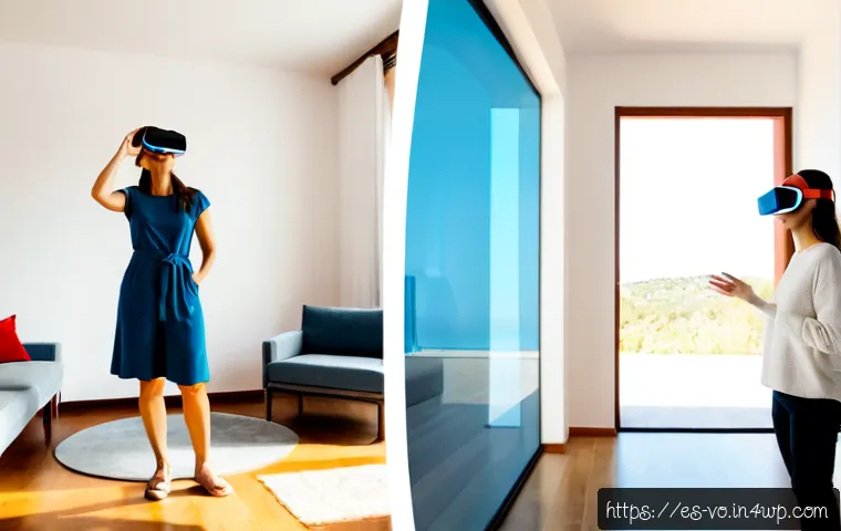 Home 17 VR 및 AR에서의 감각확장 기술 효과 비교 - Photorealistic side-by-side comparison scene in a bright contemporary Spanish home: on the left, a m...